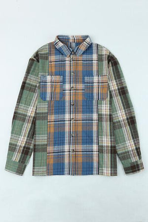 a green, blue, and yellow plaid shirt