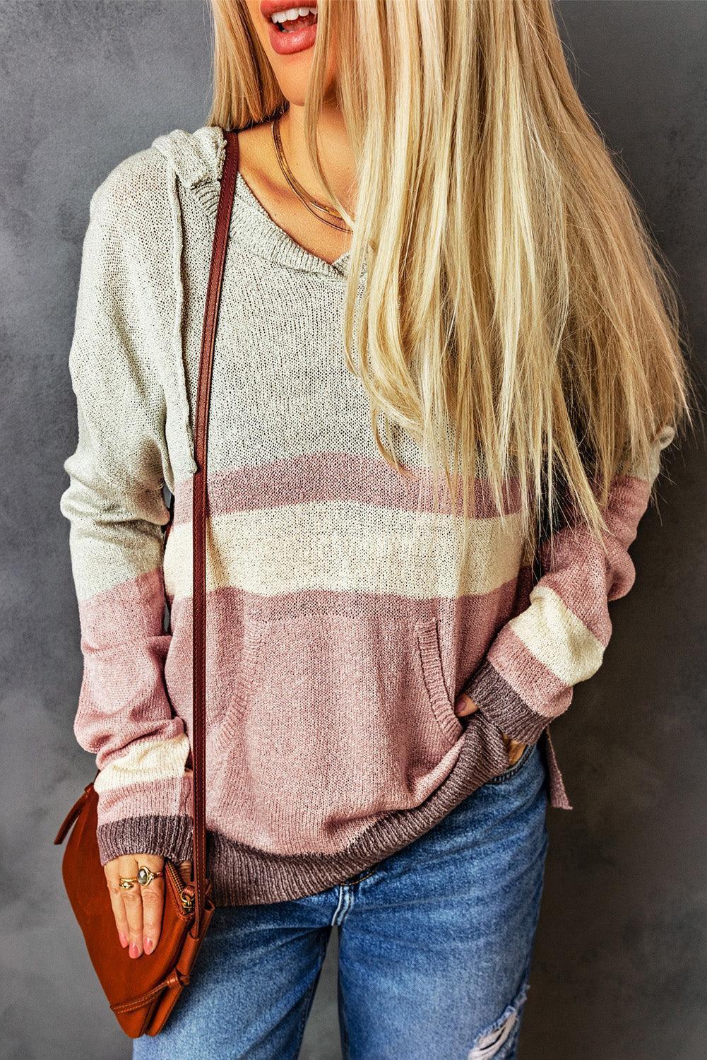 Finest Drawstring Color Block Hooded Knit Sweater - MXSTUDIO.COM