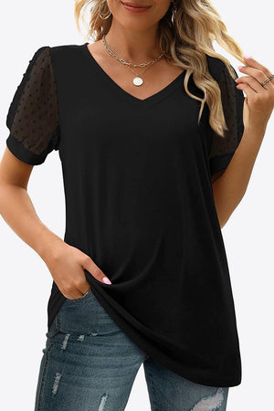 Firm In Spirit V Neck Swiss Dot Puff Sleeve Blouse - MXSTUDIO.COM