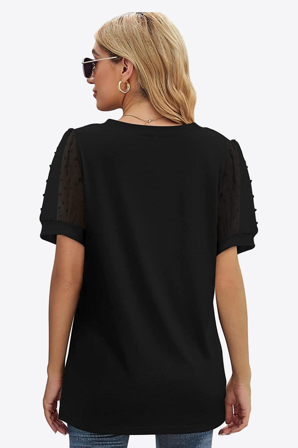 Firm In Spirit V Neck Swiss Dot Puff Sleeve Blouse - MXSTUDIO.COM