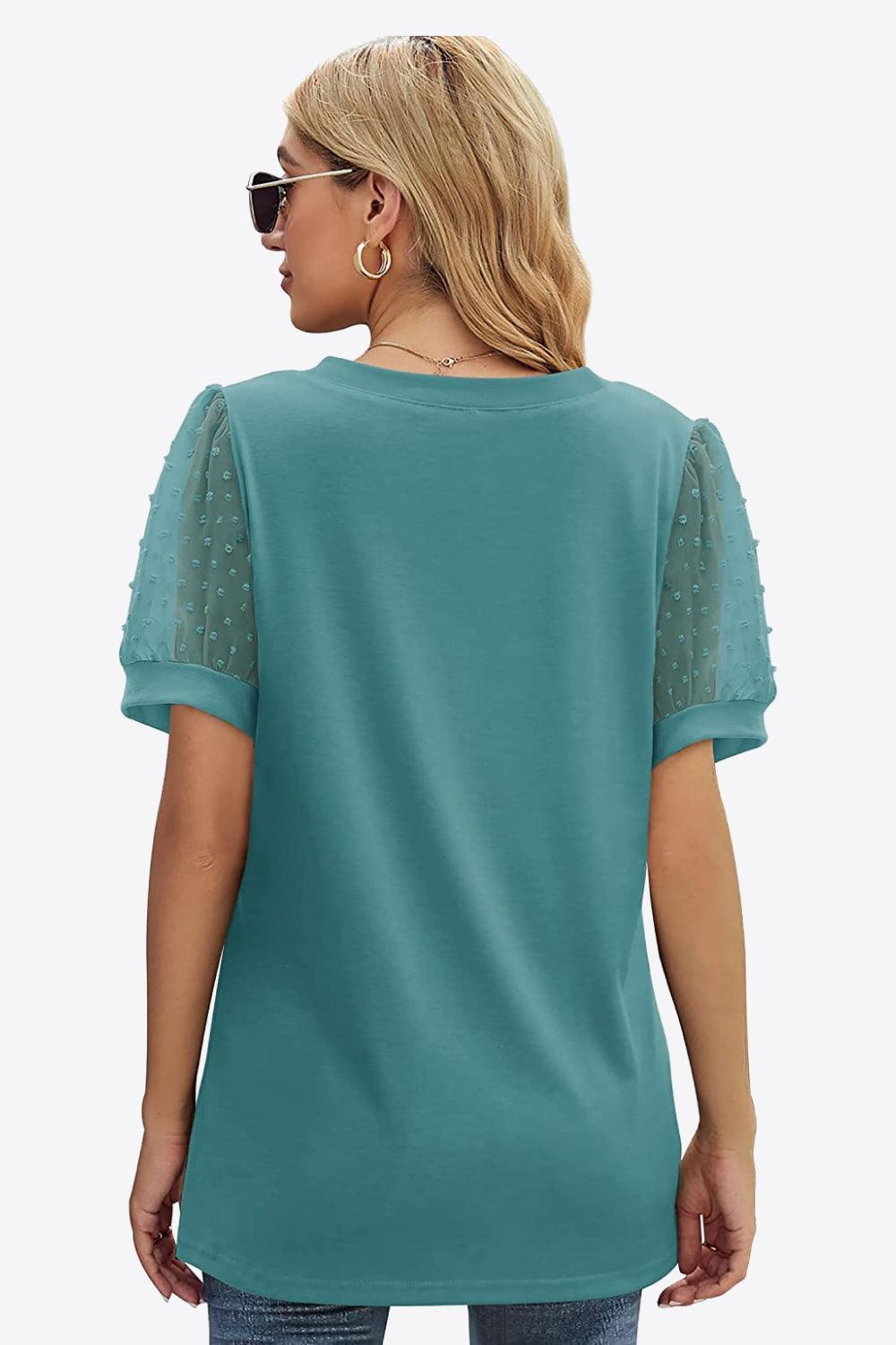 Firm In Spirit V Neck Swiss Dot Puff Sleeve Blouse - MXSTUDIO.COM