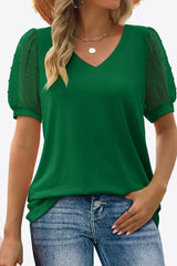 Firm In Spirit V Neck Swiss Dot Puff Sleeve Blouse - MXSTUDIO.COM