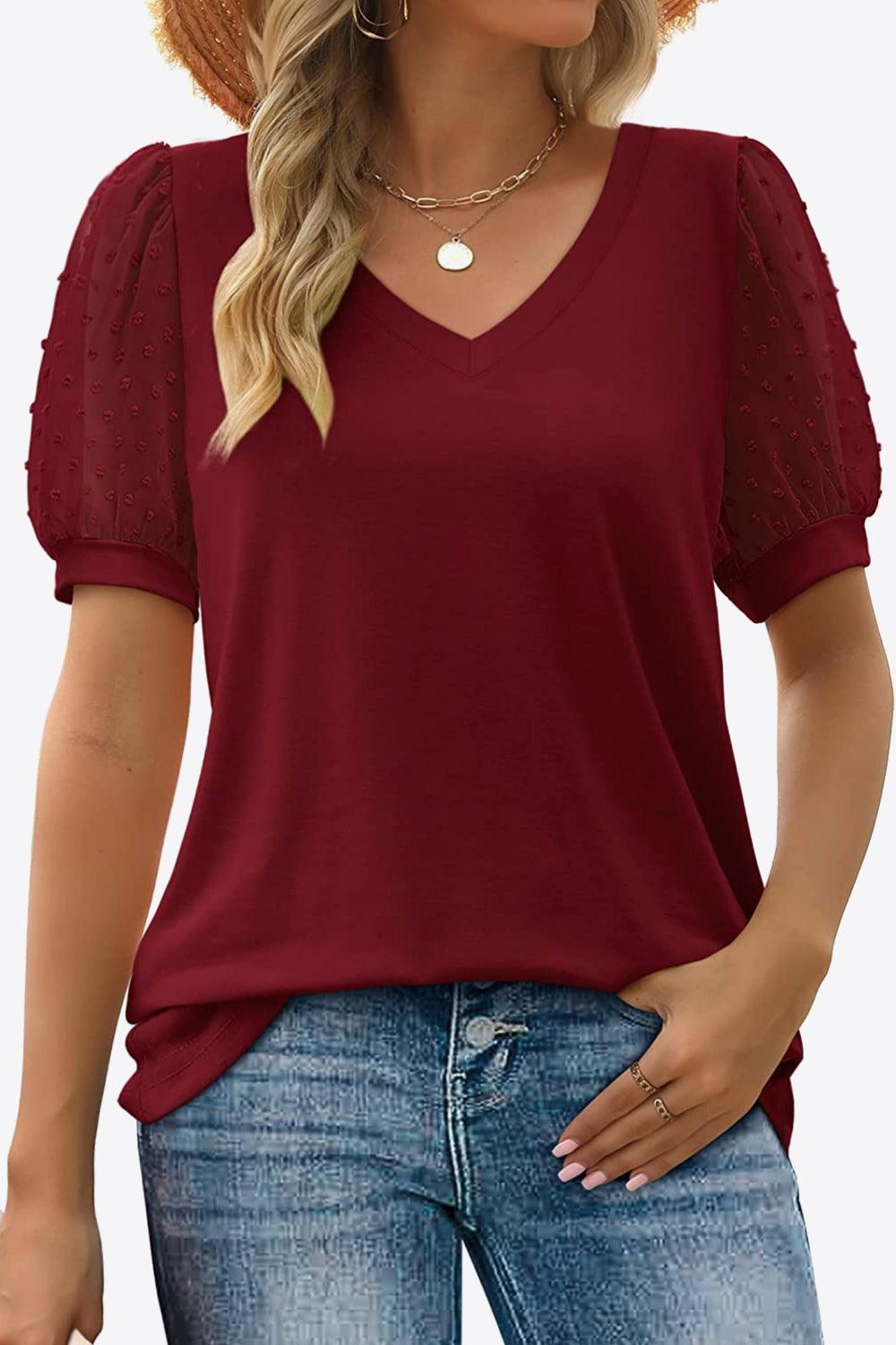 Firm In Spirit V Neck Swiss Dot Puff Sleeve Blouse - MXSTUDIO.COM