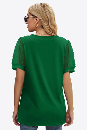 Firm In Spirit V Neck Swiss Dot Puff Sleeve Blouse - MXSTUDIO.COM