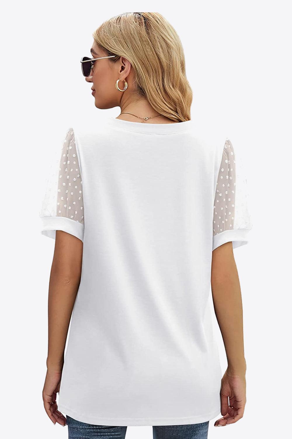 Firm In Spirit V Neck Swiss Dot Puff Sleeve Blouse - MXSTUDIO.COM