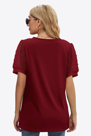 Firm In Spirit V Neck Swiss Dot Puff Sleeve Blouse - MXSTUDIO.COM