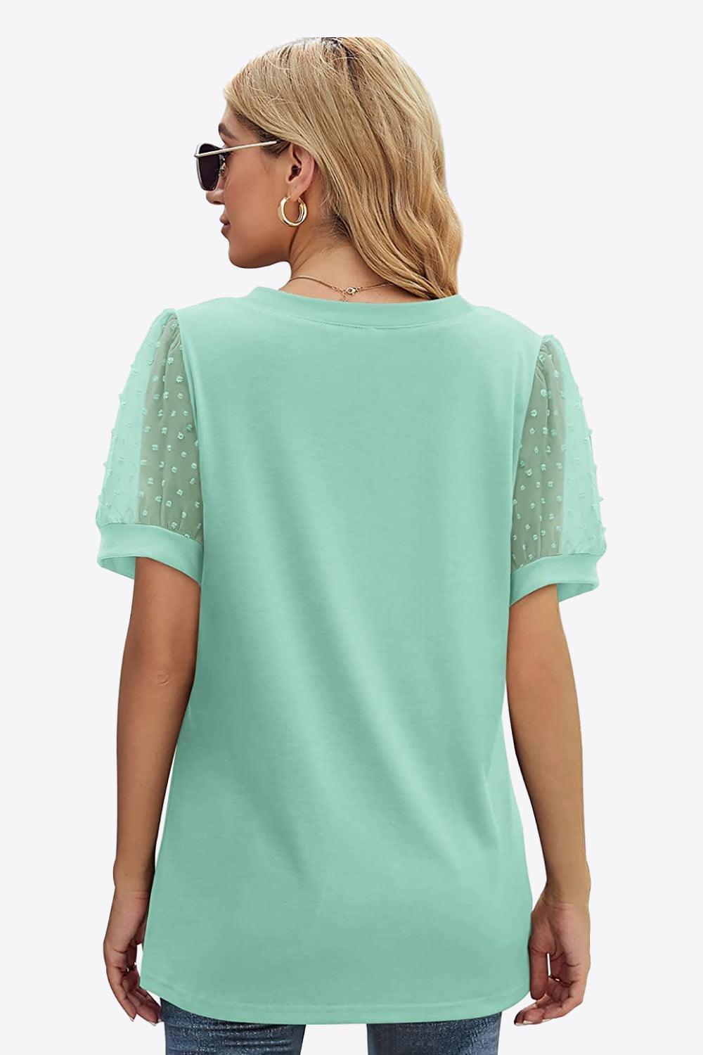 Firm In Spirit V Neck Swiss Dot Puff Sleeve Blouse - MXSTUDIO.COM