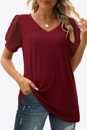 Firm In Spirit V Neck Swiss Dot Puff Sleeve Blouse - MXSTUDIO.COM