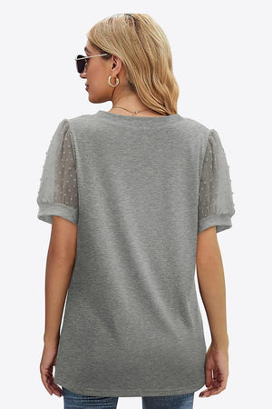 Firm In Spirit V Neck Swiss Dot Puff Sleeve Blouse - MXSTUDIO.COM