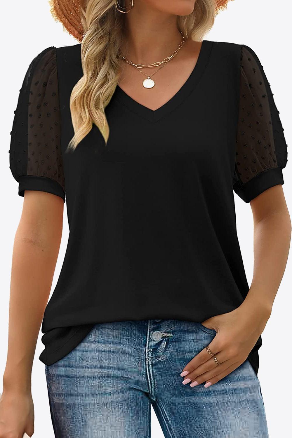 Firm In Spirit V Neck Swiss Dot Puff Sleeve Blouse - MXSTUDIO.COM