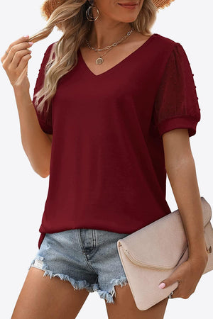 Firm In Spirit V Neck Swiss Dot Puff Sleeve Blouse - MXSTUDIO.COM