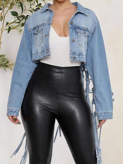 a woman in black leather pants and a jean jacket