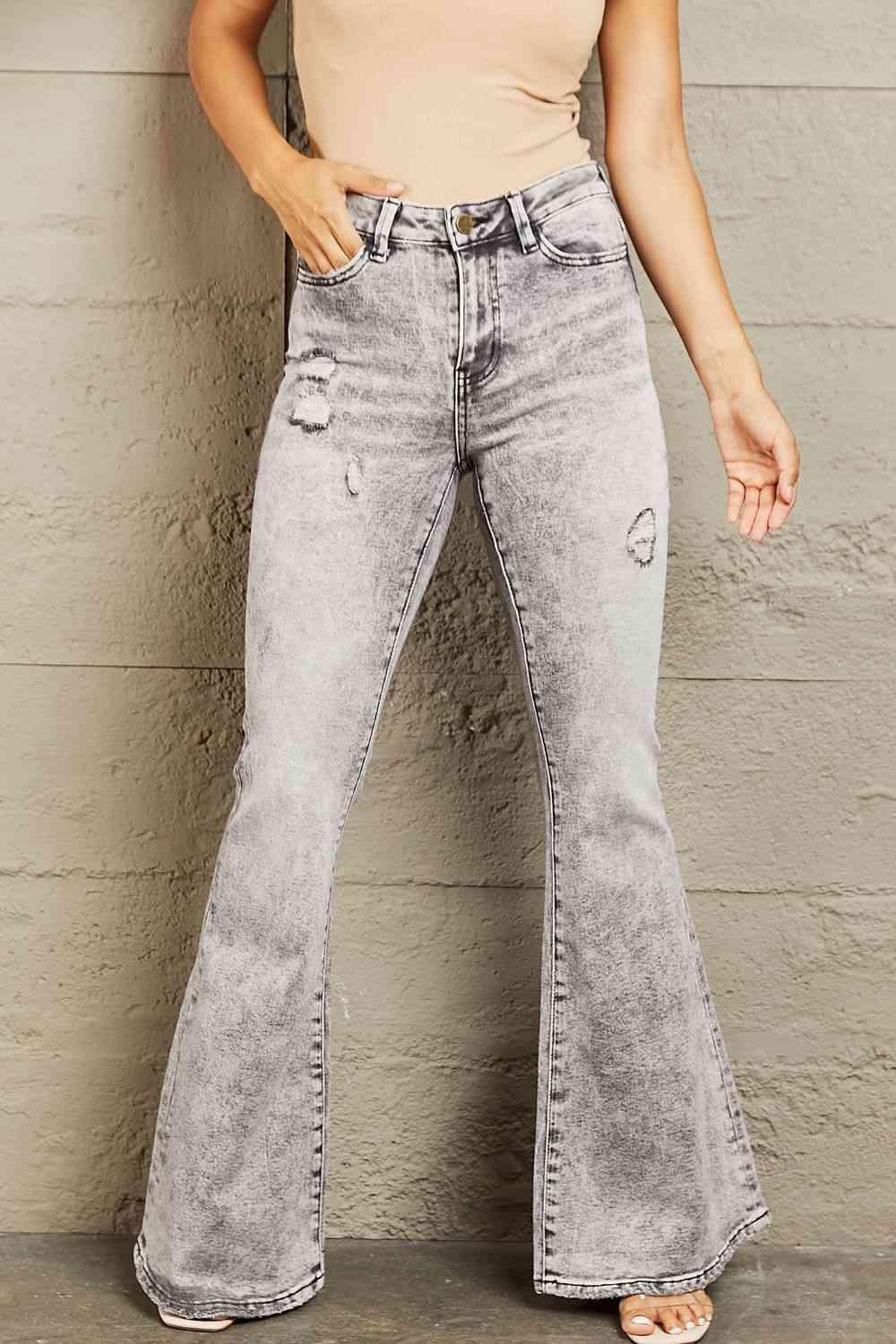 Fit And Flatters High Waisted Acid Wash Flare Jeans - MXSTUDIO.COM