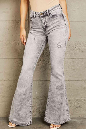 Fit And Flatters High Waisted Acid Wash Flare Jeans - MXSTUDIO.COM