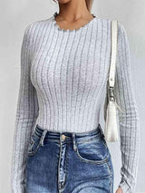 Fits Perfectly Ribbed Knit Long Sleeve Bodysuit-MXSTUDIO.COM