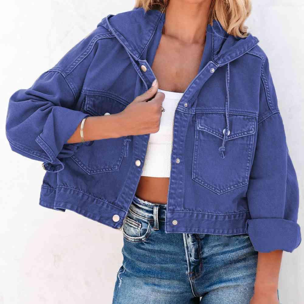 Flap Pockets Drawstring Hooded Denim Jacket - MXSTUDIO.COM