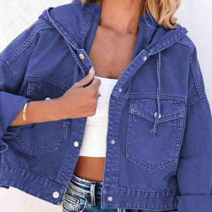 Flap Pockets Drawstring Hooded Denim Jacket - MXSTUDIO.COM