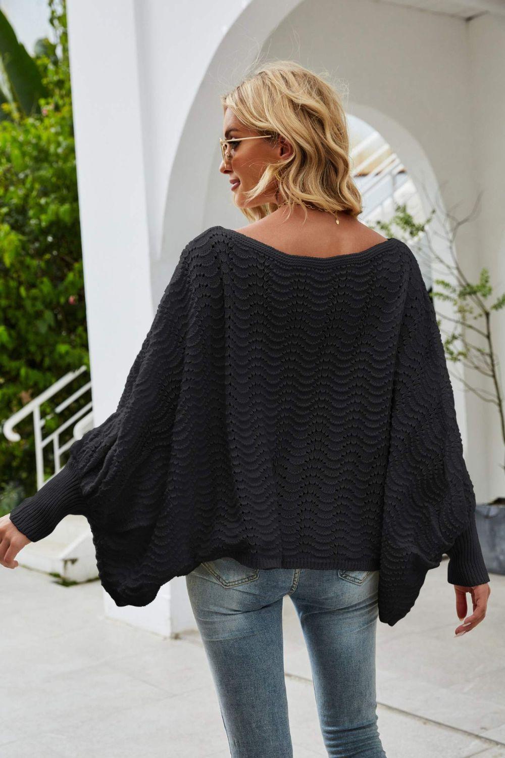 Flattering Openwork Boat Neck Dolman Sleeve Sweater - MXSTUDIO.COM