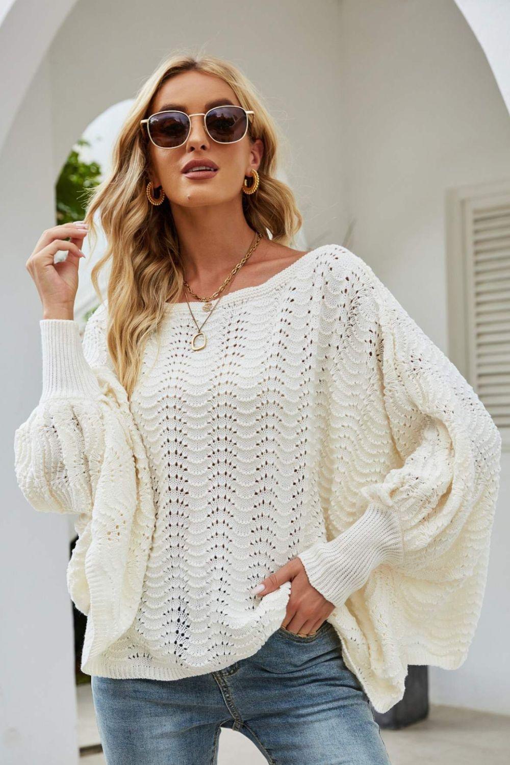 Flattering Openwork Boat Neck Dolman Sleeve Sweater - MXSTUDIO.COM