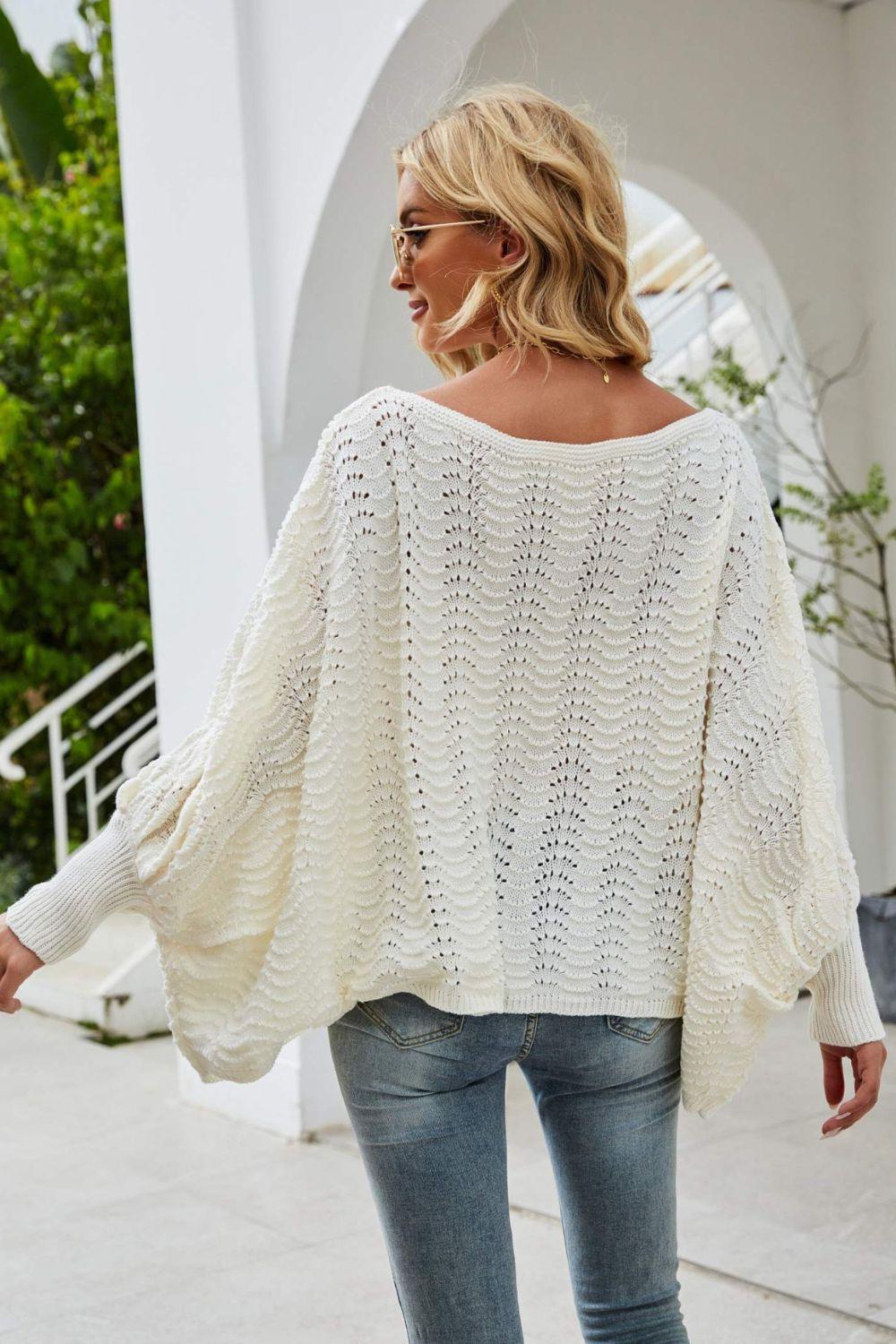 Flattering Openwork Boat Neck Dolman Sleeve Sweater - MXSTUDIO.COM