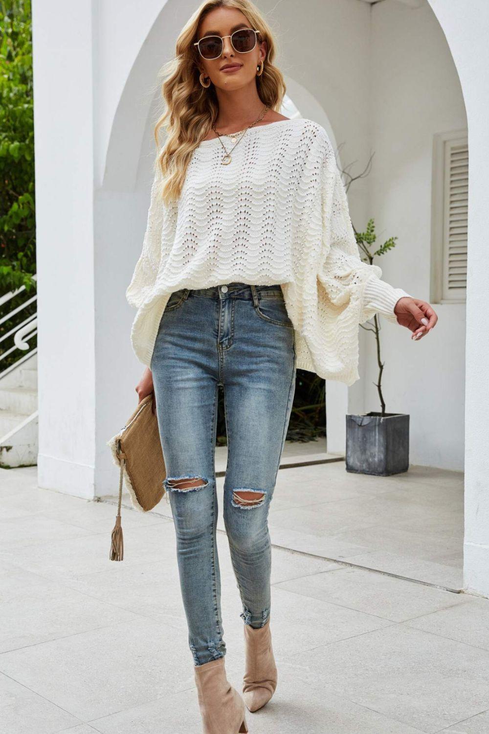 Flattering Openwork Boat Neck Dolman Sleeve Sweater - MXSTUDIO.COM