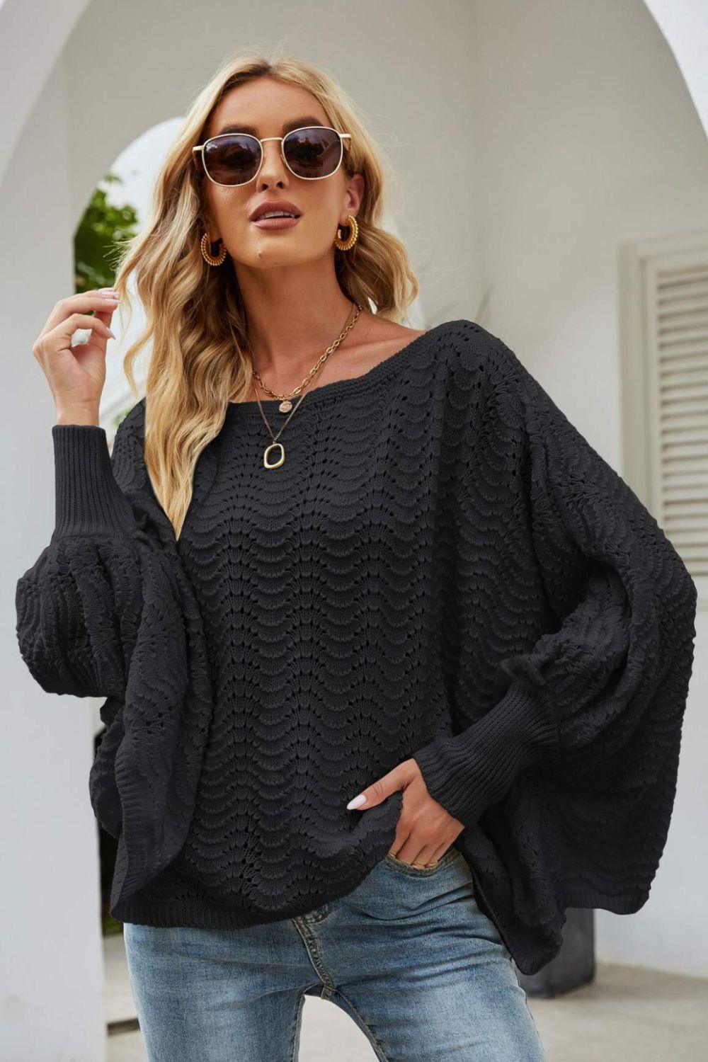 Flattering Openwork Boat Neck Dolman Sleeve Sweater - MXSTUDIO.COM