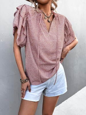 Flattering Printed Frill Flutter Sleeve Blouse - MXSTUDIO.COM