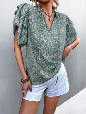 Flattering Printed Frill Flutter Sleeve Blouse - MXSTUDIO.COM