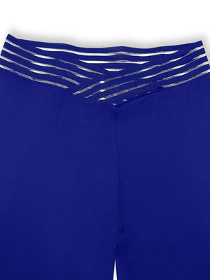 a close up of a blue shorts with silver stripes