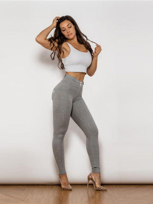 Flexible Buttoned High Waist Gray Leggings - MXSTUDIO.COM