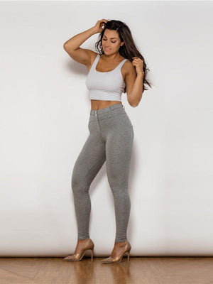 Flexible Buttoned High Waist Gray Leggings - MXSTUDIO.COM