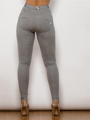 Flexible Buttoned High Waist Gray Leggings - MXSTUDIO.COM