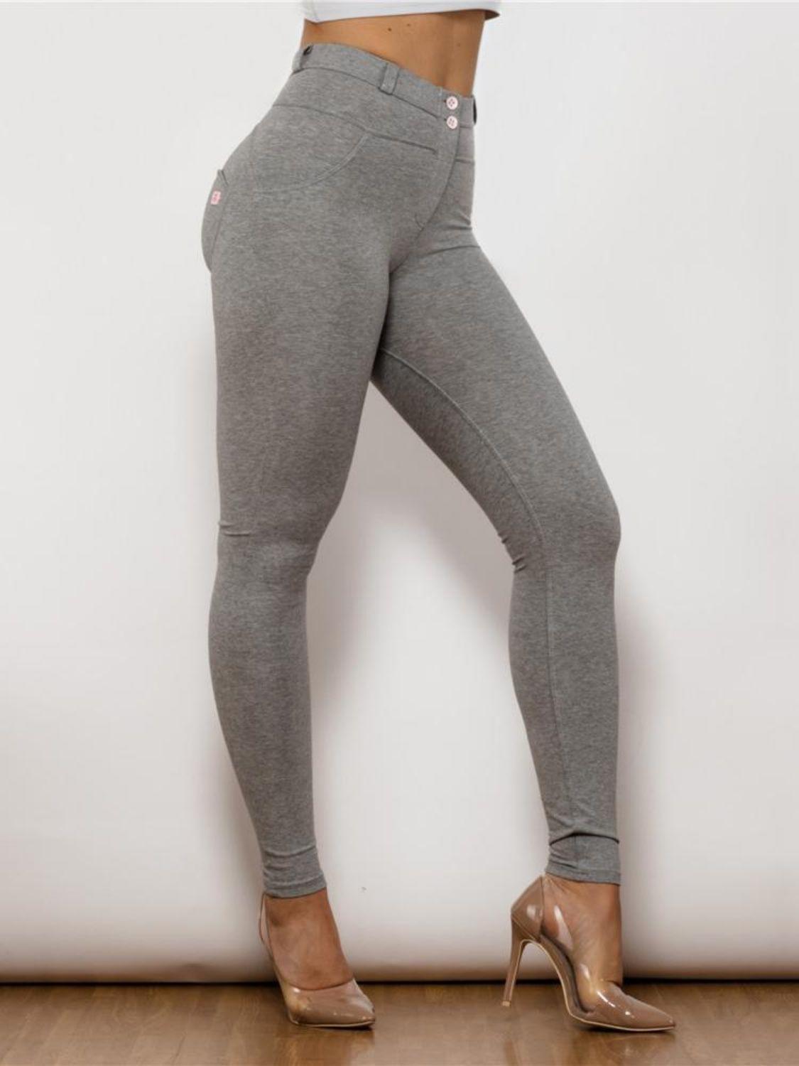 Flexible Buttoned High Waist Gray Leggings - MXSTUDIO.COM