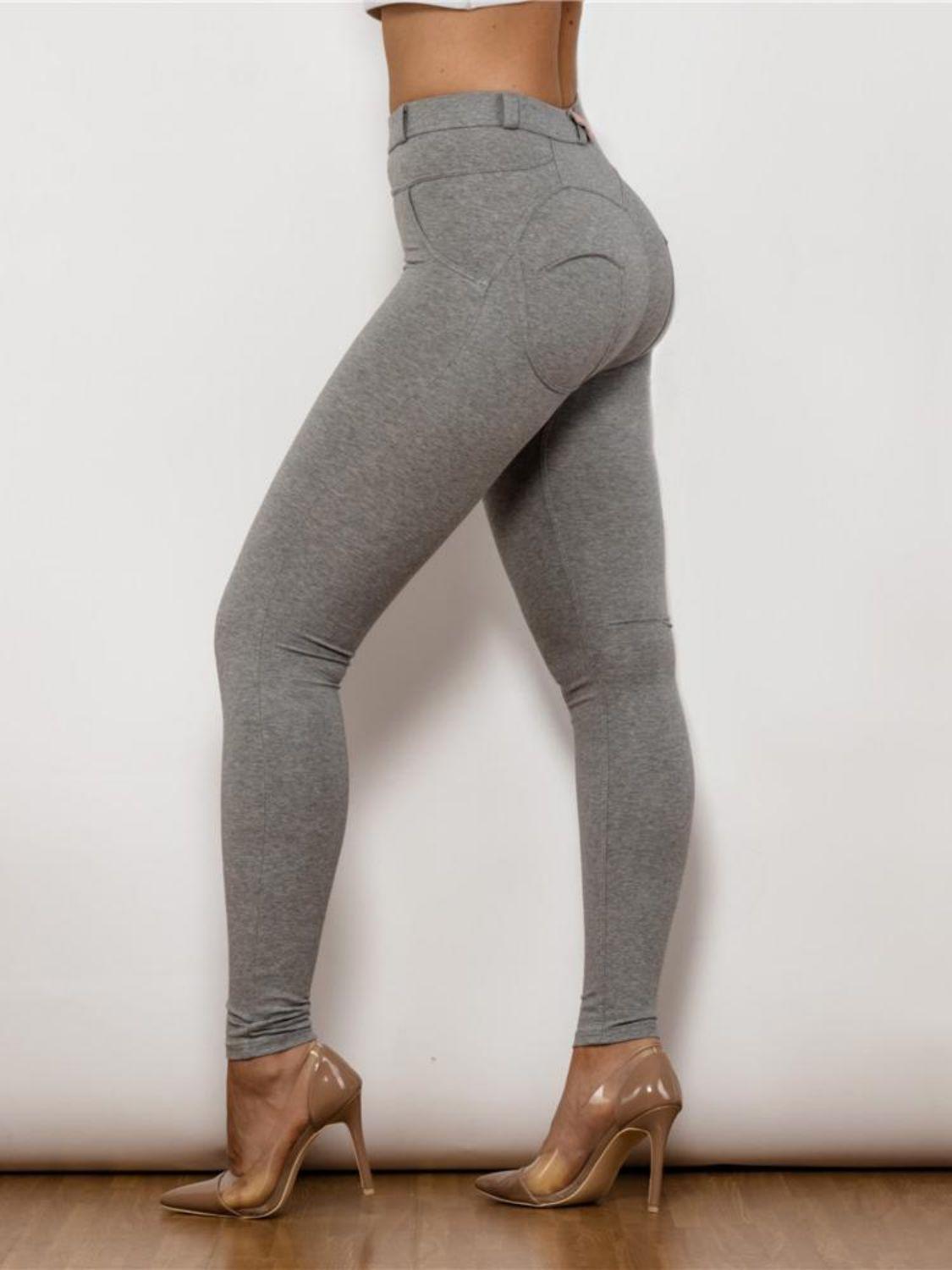 Flexible Buttoned High Waist Gray Leggings - MXSTUDIO.COM