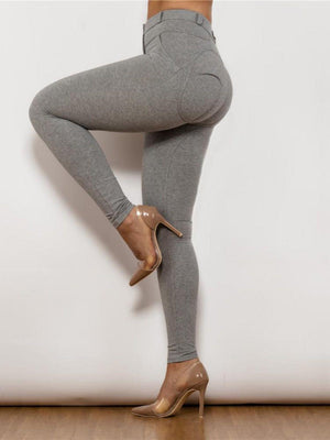 Flexible Buttoned High Waist Gray Leggings - MXSTUDIO.COM