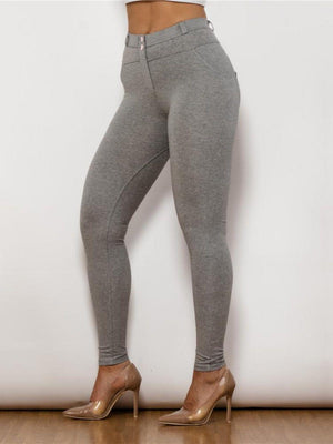 Flexible Buttoned High Waist Gray Leggings - MXSTUDIO.COM