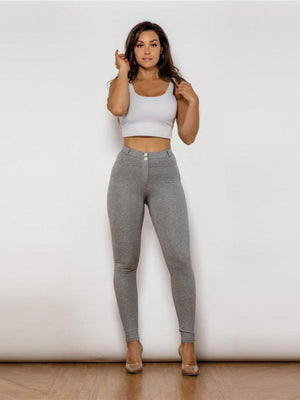 Flexible Buttoned High Waist Gray Leggings - MXSTUDIO.COM