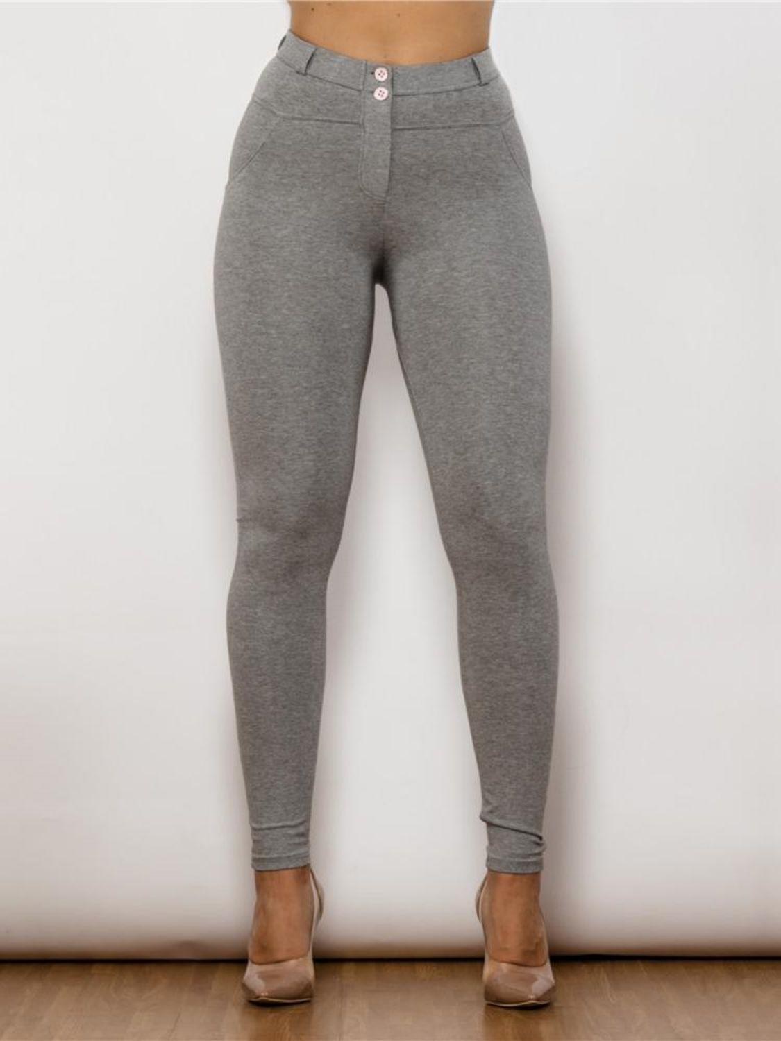 Flexible Buttoned High Waist Gray Leggings - MXSTUDIO.COM