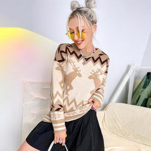 Flexible Geometric Pattern Deer Sweater-MXSTUDIO.COM