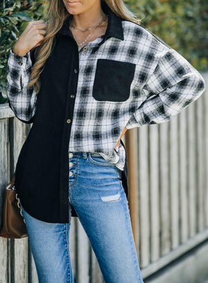 Flexible Plaid Spliced Corduroy Shacket - MXSTUDIO.COM