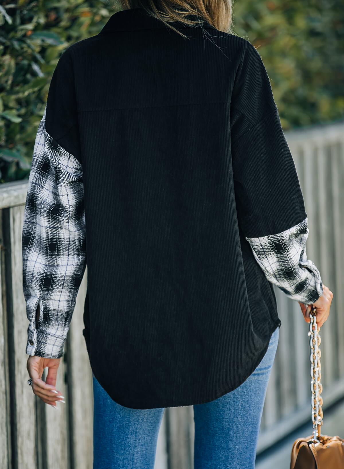 Flexible Plaid Spliced Corduroy Shacket - MXSTUDIO.COM