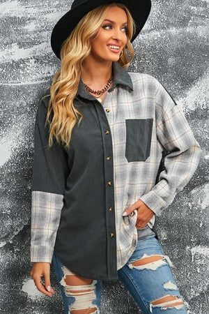 Flexible Plaid Spliced Corduroy Shacket - MXSTUDIO.COM