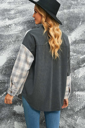 Flexible Plaid Spliced Corduroy Shacket - MXSTUDIO.COM