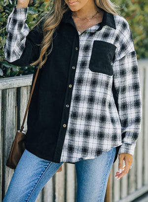 Flexible Plaid Spliced Corduroy Shacket - MXSTUDIO.COM