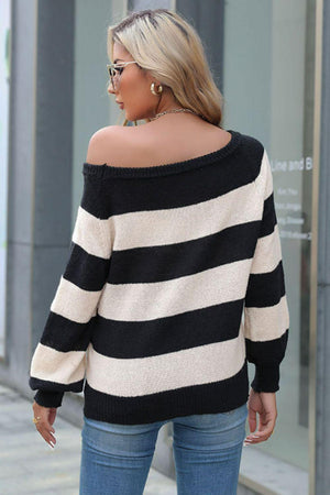 Flexible Raglan Sleeve Horizontal Striped Sweater - MXSTUDIO.COM