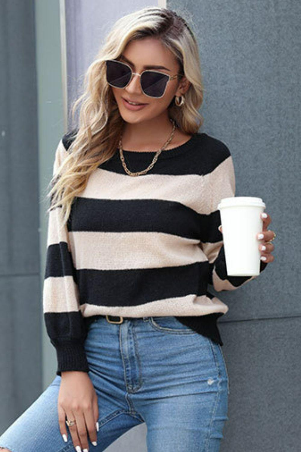 Flexible Raglan Sleeve Horizontal Striped Sweater - MXSTUDIO.COM