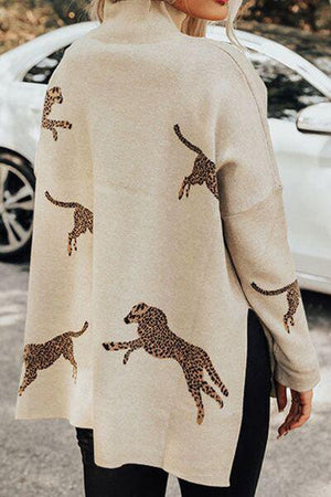 Flexible Slit Mock Neck Cheetah Print Sweater-MXSTUDIO.COM