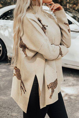 Flexible Slit Mock Neck Cheetah Print Sweater-MXSTUDIO.COM