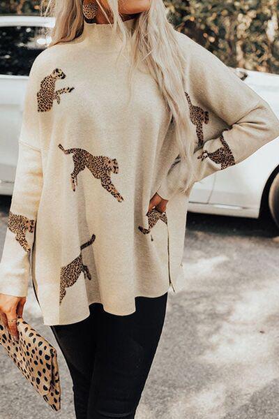 Flexible Slit Mock Neck Cheetah Print Sweater-MXSTUDIO.COM