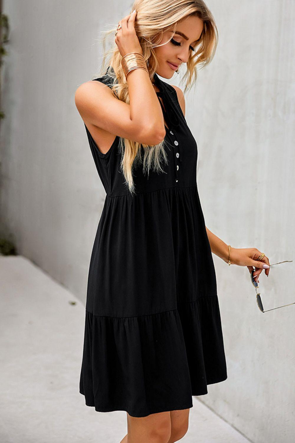 Flexible Tie Neck Tiered Mini Dress - MXSTUDIO.COM